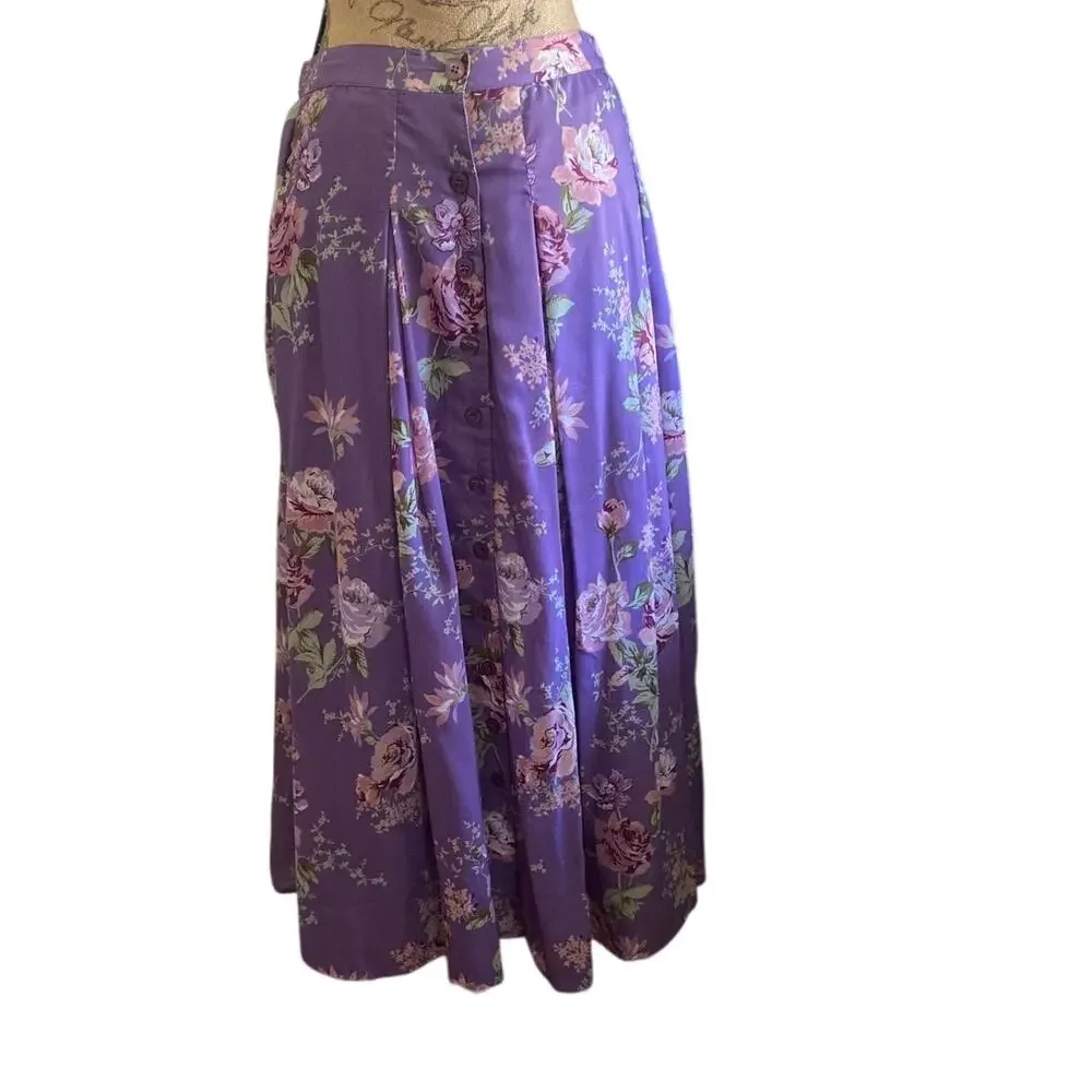 Vintage Lavender Floral Maxi Skirt Cottagecore Button Front L Denim 24/7